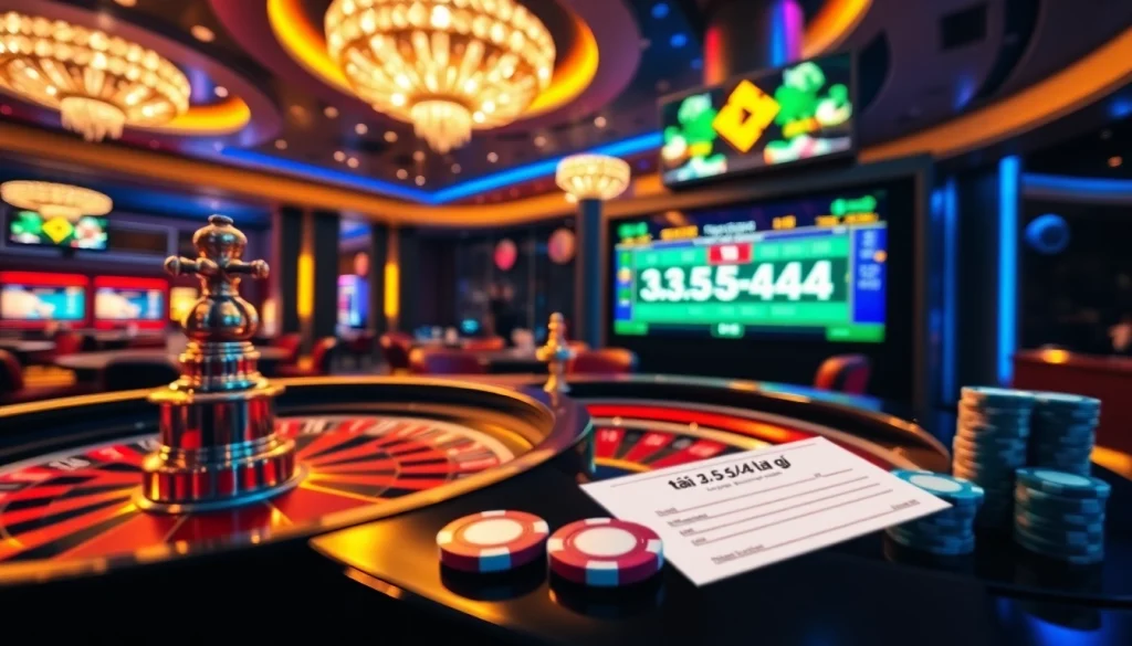 Betting interface showcasing 'tài 3.5/4 là gì' with poker chips and roulette wheel in a vibrant casino.
