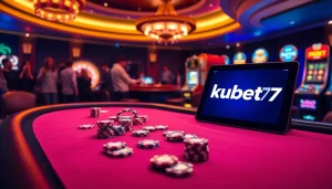 Kubet77 players enjoying an exciting casino experience with poker chips and cards at a vibrant game table.