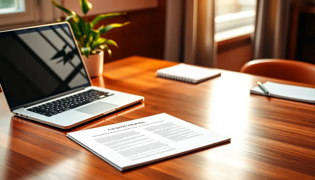 Craft a professional customized proposal writing document on a desk, showing creativity and organization.