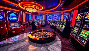 Dewanaga89 slot gameplay showcasing vibrant casino atmosphere with roulette wheel and poker chips.