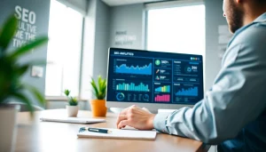SEO analysis in a modern office with metrics displayed on a computer screen.