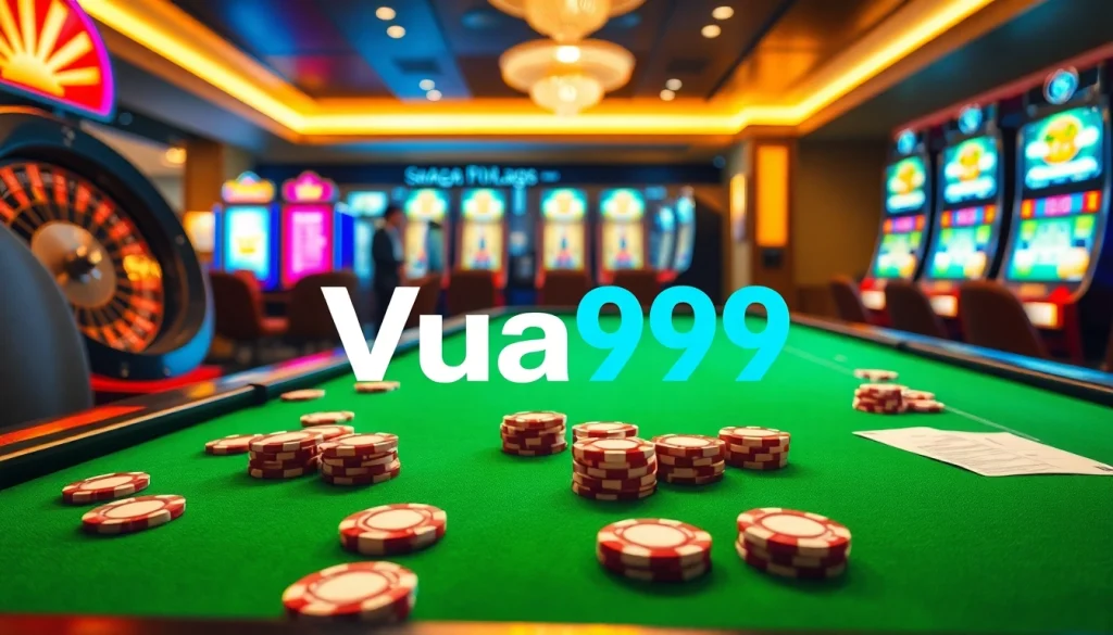 Experience the thrill of betting with Vua99 at an upscale casino table filled with vibrant chips.