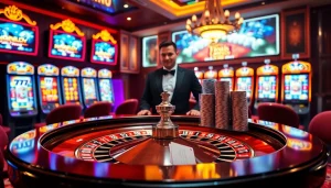 Experience the excitement of gambling at ok365.free with a vibrant casino setup featuring roulette and slot machines.