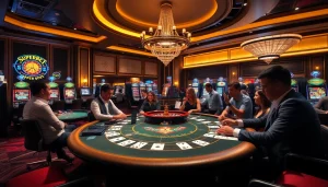 Experience the thrill with Superbet at a luxurious casino table filled with excited players and vibrant games.