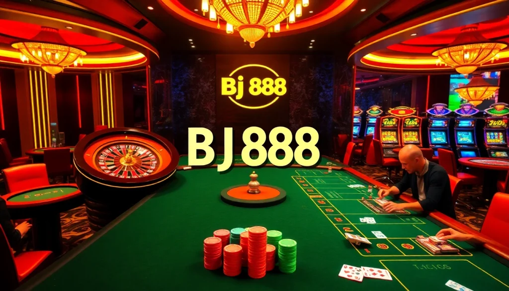 Experience the thrilling atmosphere of a casino with BJ 888 poker tables and vibrant slot machines.