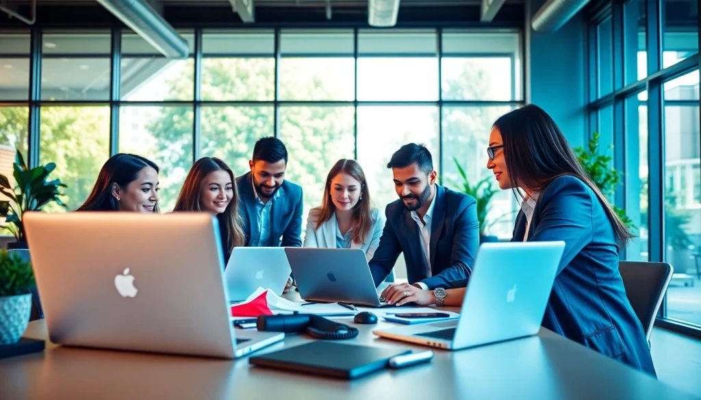Business professionals engaging in collaboration in a modern workspace