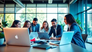 Business professionals engaging in collaboration in a modern workspace