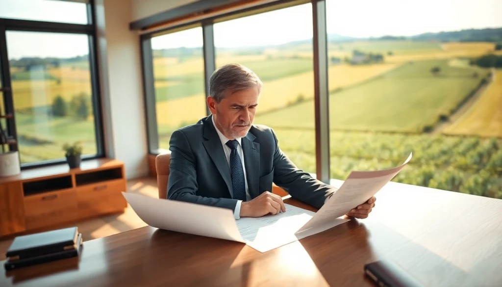 Engaging agricultural law attorney focused on legal documents in a bright office setting.