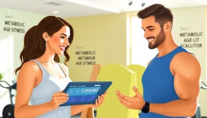 Evaluate your health with a user-friendly metabolic age calculator interface, featured in a modern fitness studio.