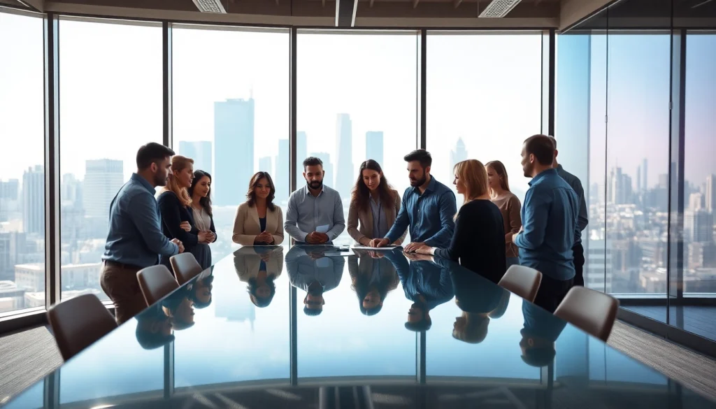Engaged team in a modern agency workspace discussing strategy and collaboration.