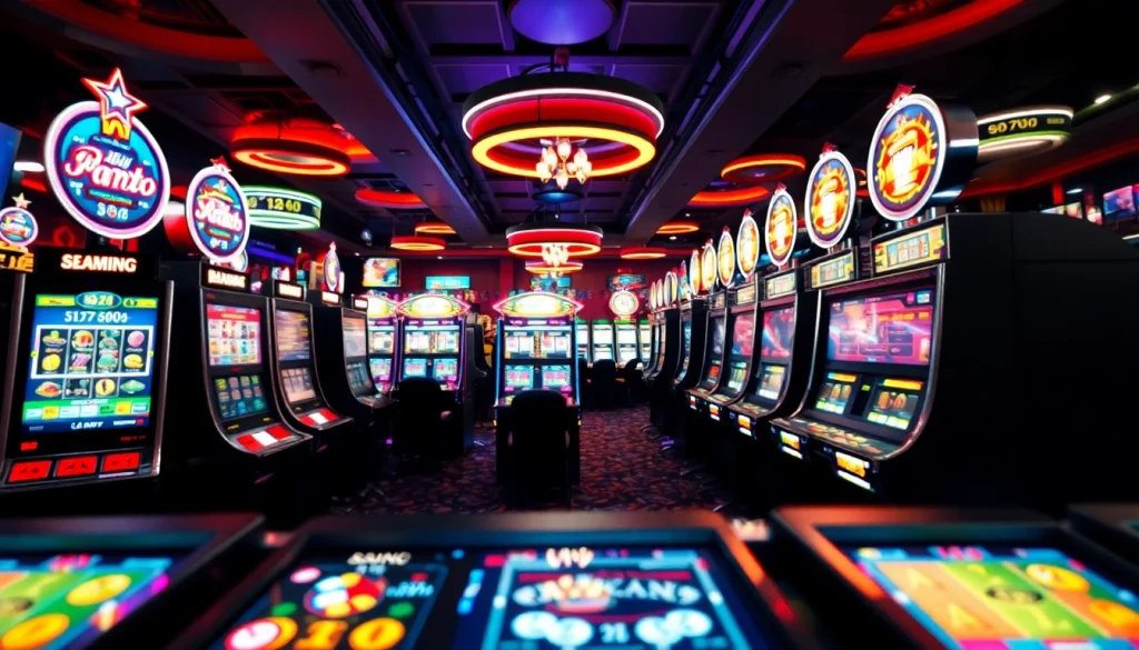 Menggambarkan petani toto yang menang di mesin slot dengan suasana kasino ceria dan ramai.