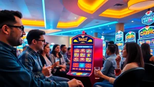 Petani toto bermain slot online di kasino virtual yang cerah dan dinamis.