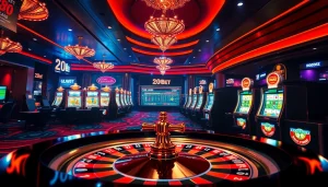 Experience the excitement of gambling at 20bet with a luxurious casino interface showcasing roulette and slots.