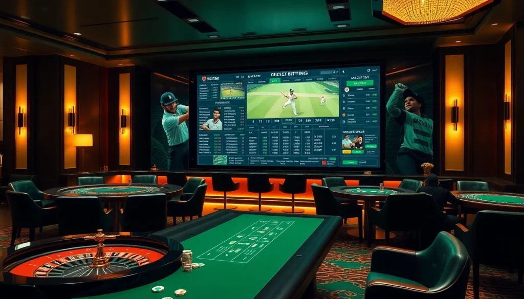 Players placing bets on crickex in a vibrant casino atmosphere with cricket-themed decor.