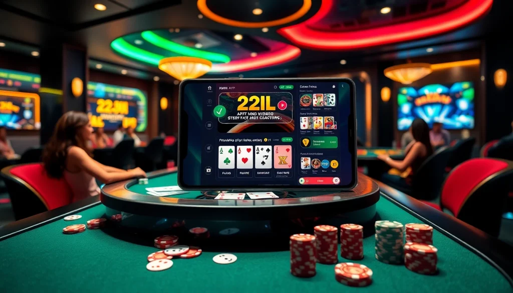 Experience excitement with the 22JL app at a modern casino table filled with vibrant poker chips and cards.
