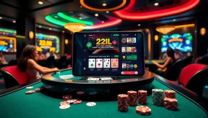 Experience excitement with the 22JL app at a modern casino table filled with vibrant poker chips and cards.
