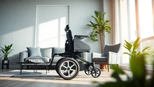Ergonomic electric wheelchair showcased in a modern home setting, emphasizing comfort and accessibility.