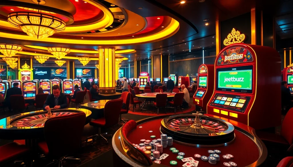 Engaging gamblers at a vibrant Jeetbuzz casino with roulette, poker tables, and slot machines.