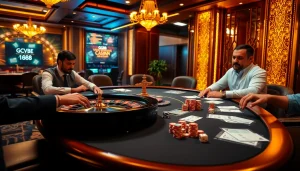 Experience high-stakes gaming with GG88 poker chips and euphoria in a luxurious casino setting.