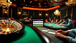 Adegan yang menggembirakan dari kegembiraan berjudi yang menampilkan dewanaga89 login dengan meja roulette dan poker.