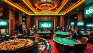 Engaging scene of gamblers enjoying games at RR88 casino with vibrant atmosphere.