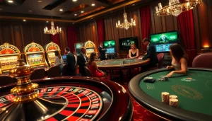 Experience thrilling casino action at Hello88 with players at roulette and poker tables.