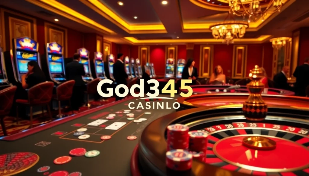 Experience excitement at God345 casino with vibrant poker tables and a spinning roulette wheel.