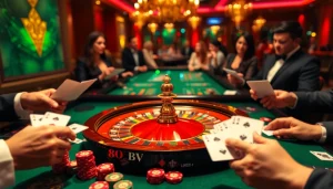 Players betting at a vibrant roulette wheel at nhà cái uk88 showcasing an elegant casino atmosphere.