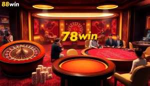 Experience thrilling gameplay with 78win's luxurious casino atmosphere featuring vibrant poker chips and roulette wheels.