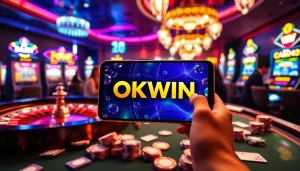 Players engaging in exciting bets while using the OKWIN app on mobile devices in a vibrant casino setting.