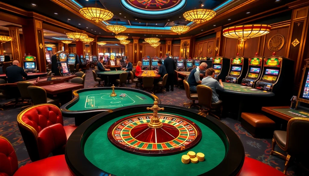 S8 gaming action with vibrant roulette, poker tables, and engaging slot machines in a lively casino atmosphere.