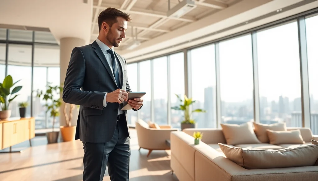Real Estate agent discussing property insights in a modern office setting.