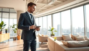 Real Estate agent discussing property insights in a modern office setting.