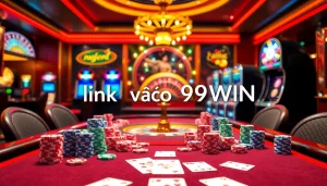 Link vào 99WIN: A vibrant casino scene showcasing poker excitement with chips and cards.