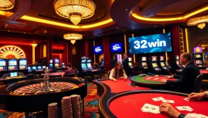 Players enjoying thrilling games at a 32win casino with vibrant roulette and slot machines.