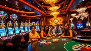 Players enjoying a thrilling poker game at Thabet Casino with vibrant slot machines in the background.