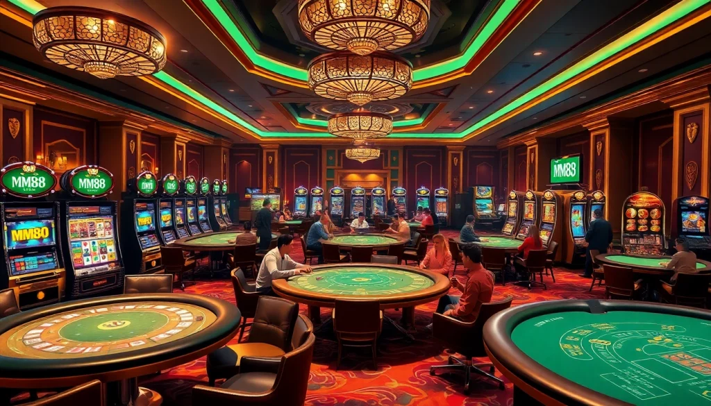 Players enjoying a thrilling game at MM88 casino with vibrant colors and luxurious tables.