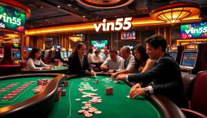 Experience the excitement at win55 casino with vibrant games, poker chips, and lively players.