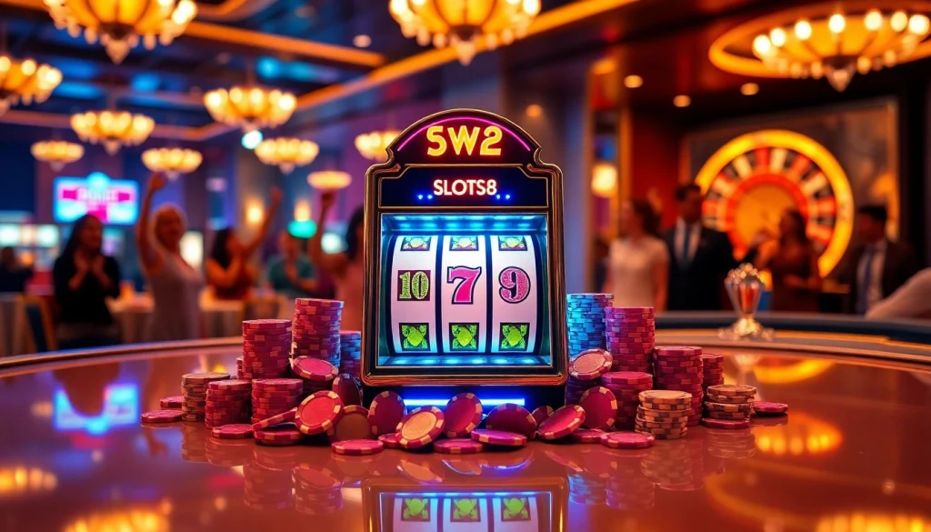 Exciting SLOTS8 slot machine scene with vibrant tokens and poker chips on a polished casino table.
