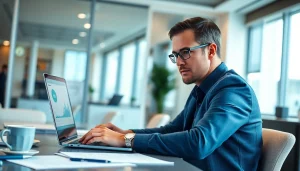 Professional engaging in td web business banking on a laptop in a modern office.