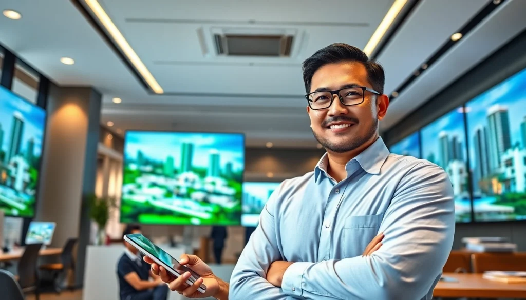 Showcase a professional real estate expert at https://newdeveloperlaunch.sg discussing new condo developments.