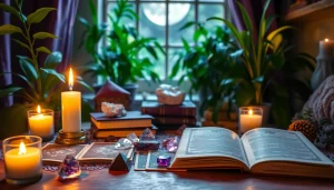 Engaging tarot reading session at https://julielynn.co showcasing crystals and candles in a mystical nook.