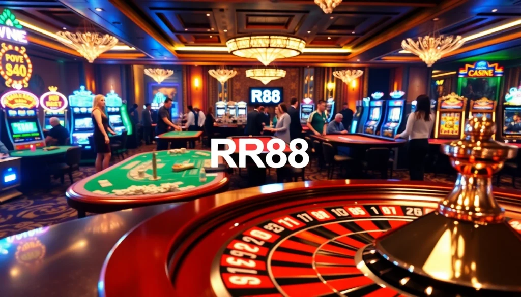 Experience the excitement of RR88 as players engage in high-stakes gaming at luxurious casino tables.