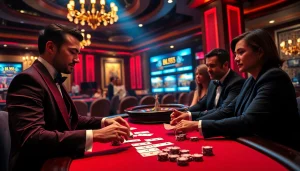 Players engaged in an exciting poker game at BL555 casino, showcasing vibrant atmosphere and luxury.