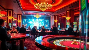 A thrilling gaming experience at 789win com featuring luxurious casino tables and slot machines.