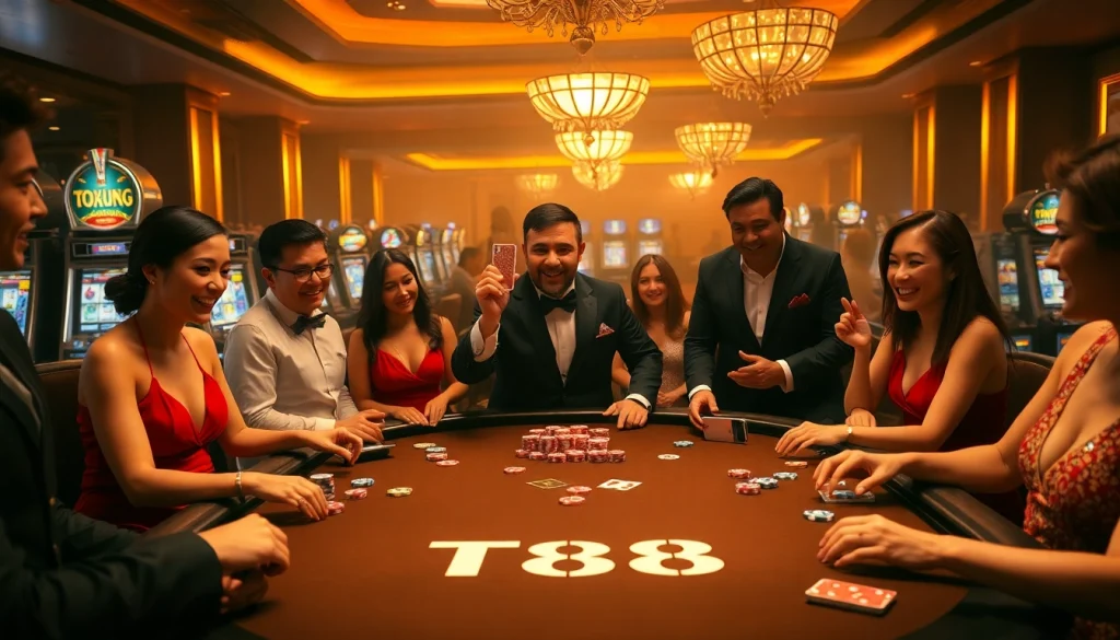 Players enjoy a thrilling game at the TT88 poker table, surrounded by chips and cards.