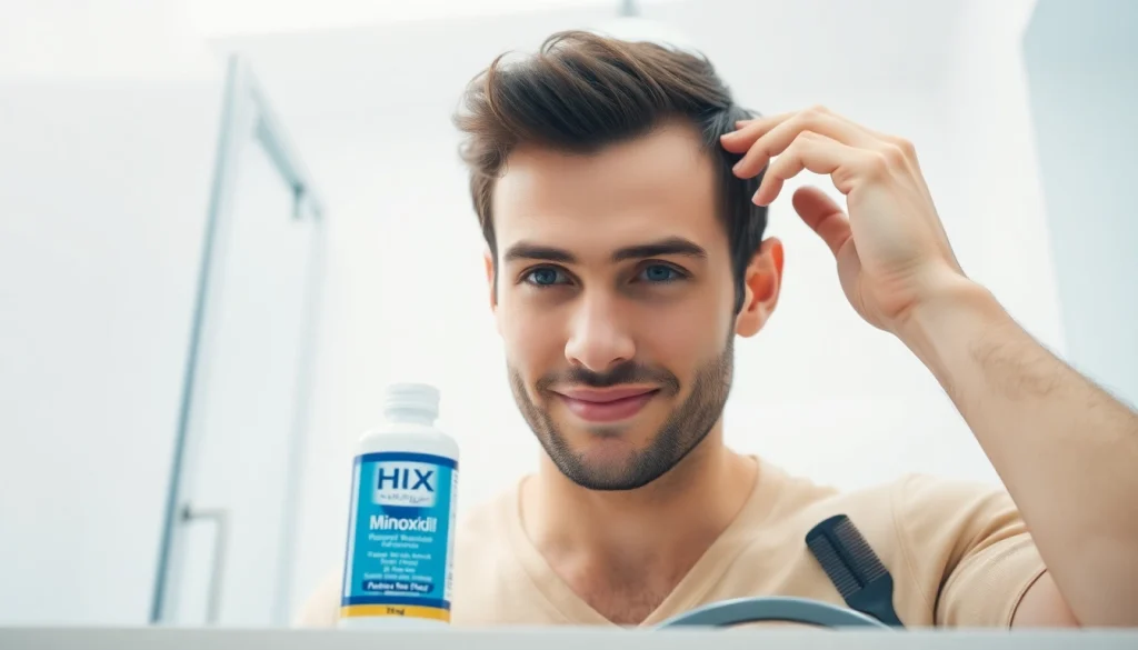 現代的なバスルームで ヒックスミノキシジルの口コミを使って髪の再生を試みる若い男性