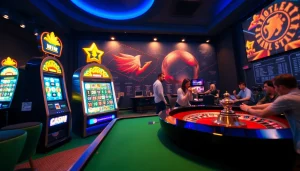 Experience the excitement of bolagacor with an engaging digital casino setting featuring vibrant slot machines and football-themed promotions.