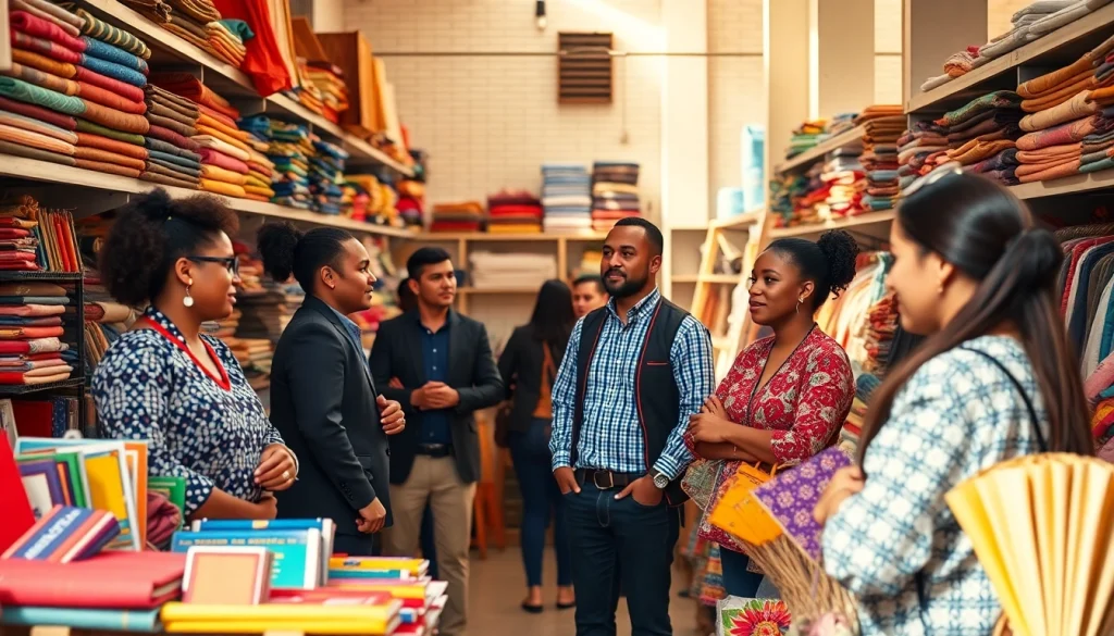 Engaging wholesale marketplace scene showcasing diverse business owners and vibrant products.