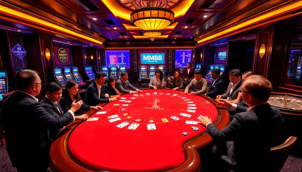 Experience the thrill of gaming at MM88 with an exciting poker table surrounded by players and dazzling slot machines.